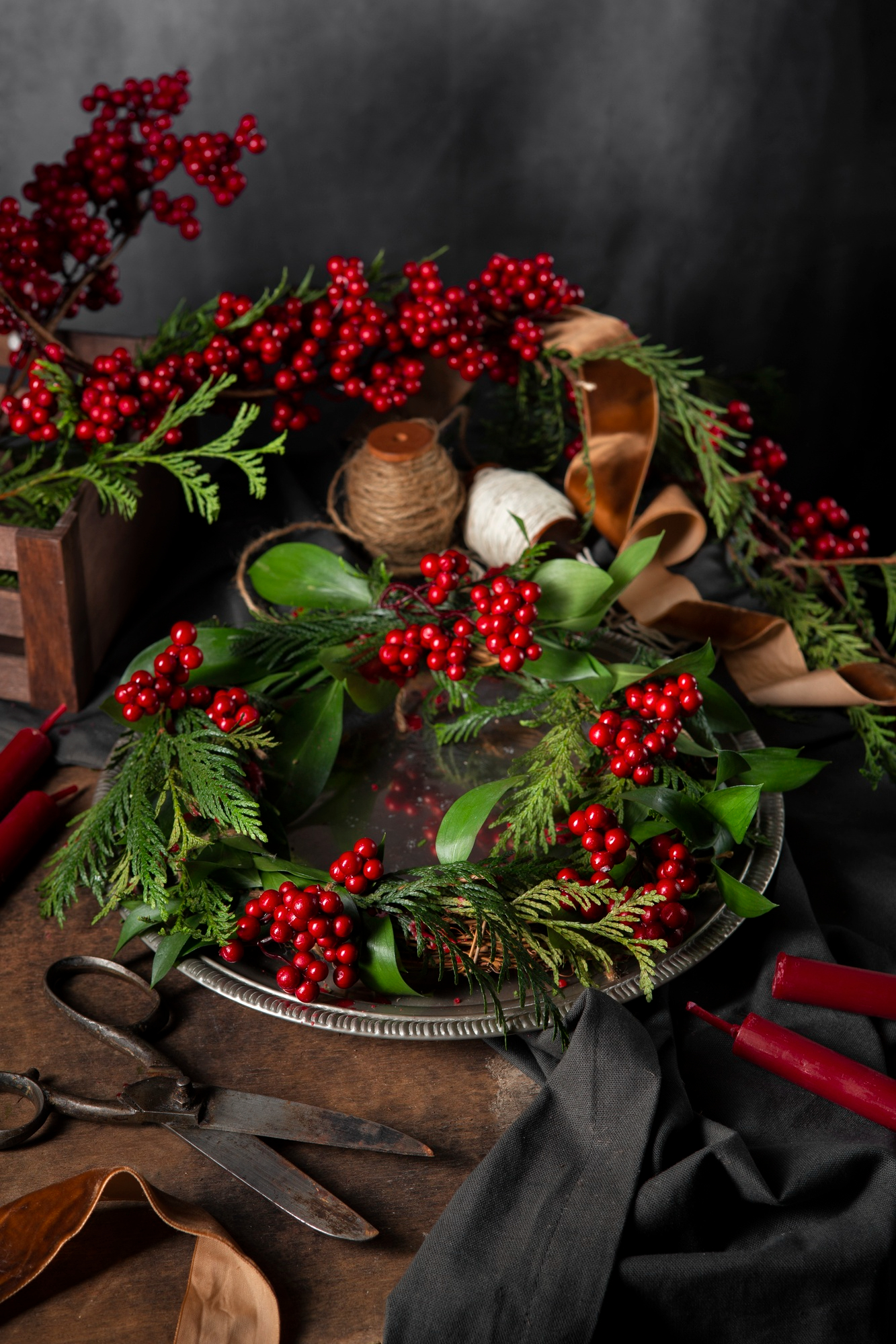Christmas red berries wreath for table decoration